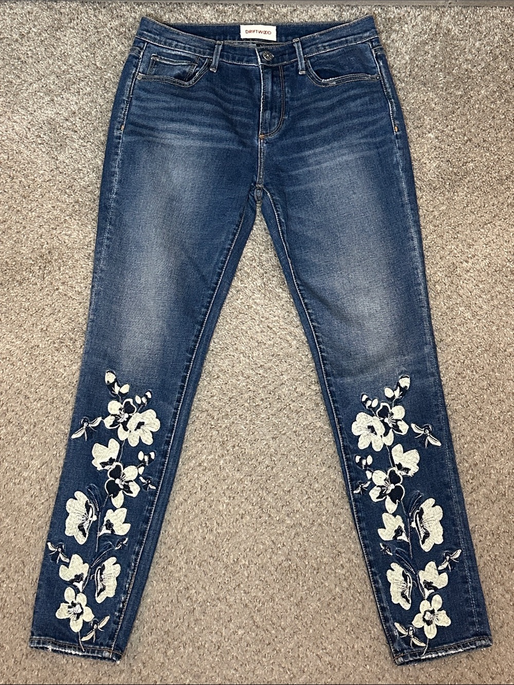 DRIFTWOOD Blue Skinny Jeans with White Floral Embroidery